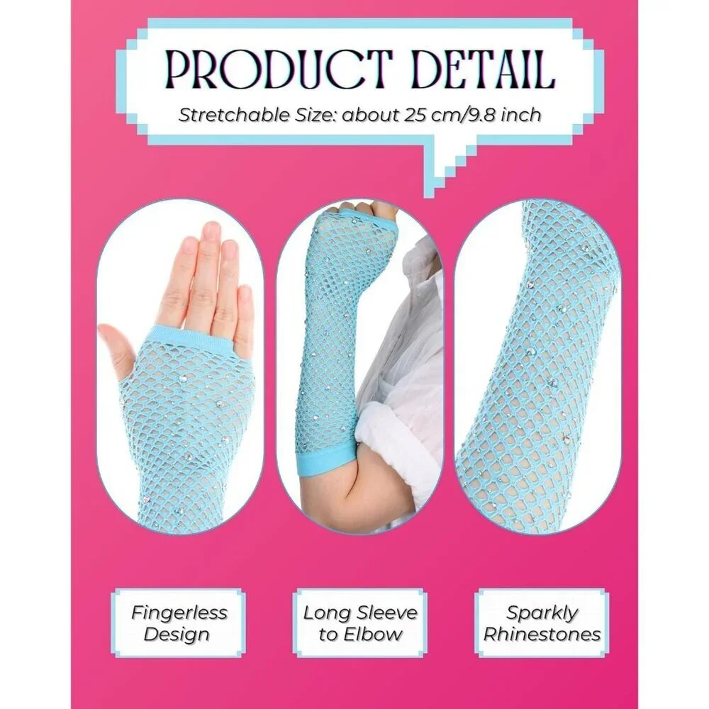 Women's Rhinestone Light Blue Sparkly Halloween Cosplay Fingerless Long Gloves
